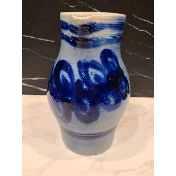 Vintage Salt-Glaze Pitcher Cobalt Blue Painted Stoneware Pottery Jug Vase EUC - Picture 2 of 11